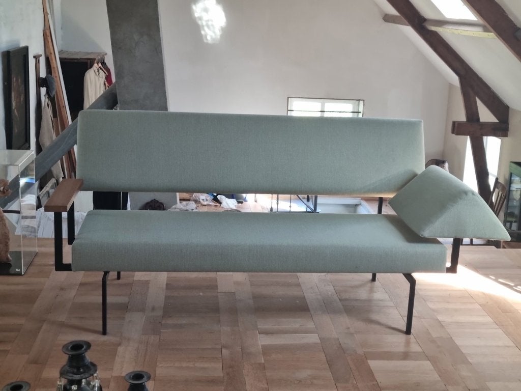 Nederlandse mid-century daybed/bank jaren 60, saliegroen, Ophalen, 150 tot 200 cm, 75 tot 100 cm, Zo goed als nieuw