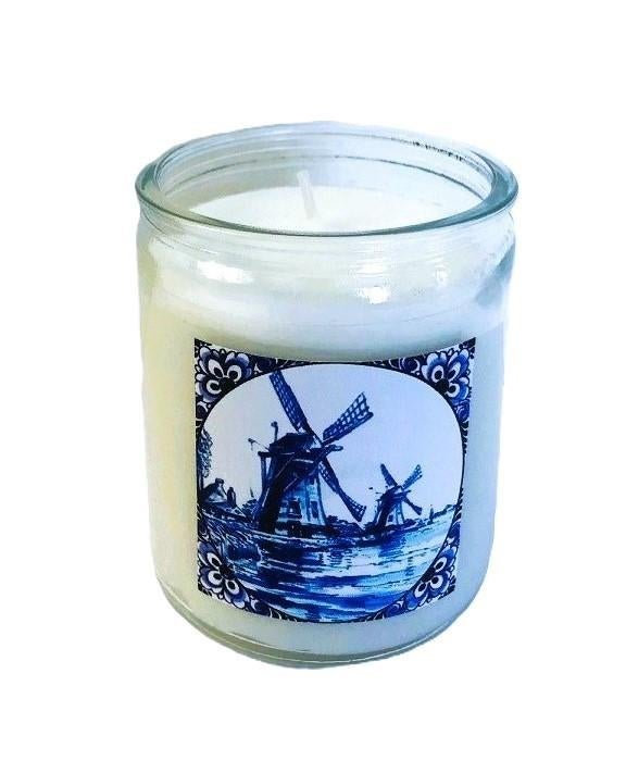 Kaars in glas met delfts blauw molen - Incl. cadeau zakje, Overige materialen, Verzenden, Wit, Nieuw