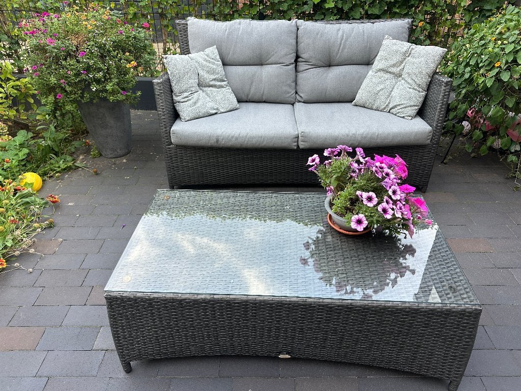 Wicker Loungeset (2-Zitsbank + Salontafel met Glasplaat), Kunststof, Gebruikt, Bank, Loungeset