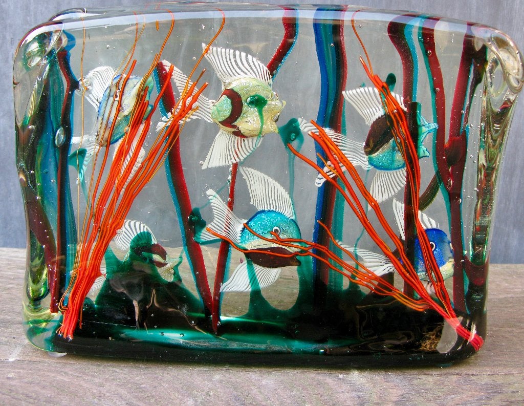 MURANO AQUARIUM GLAZEN BLOK MET 6 VISSEN VINTAGE, Antiek en Kunst, Ophalen of Verzenden