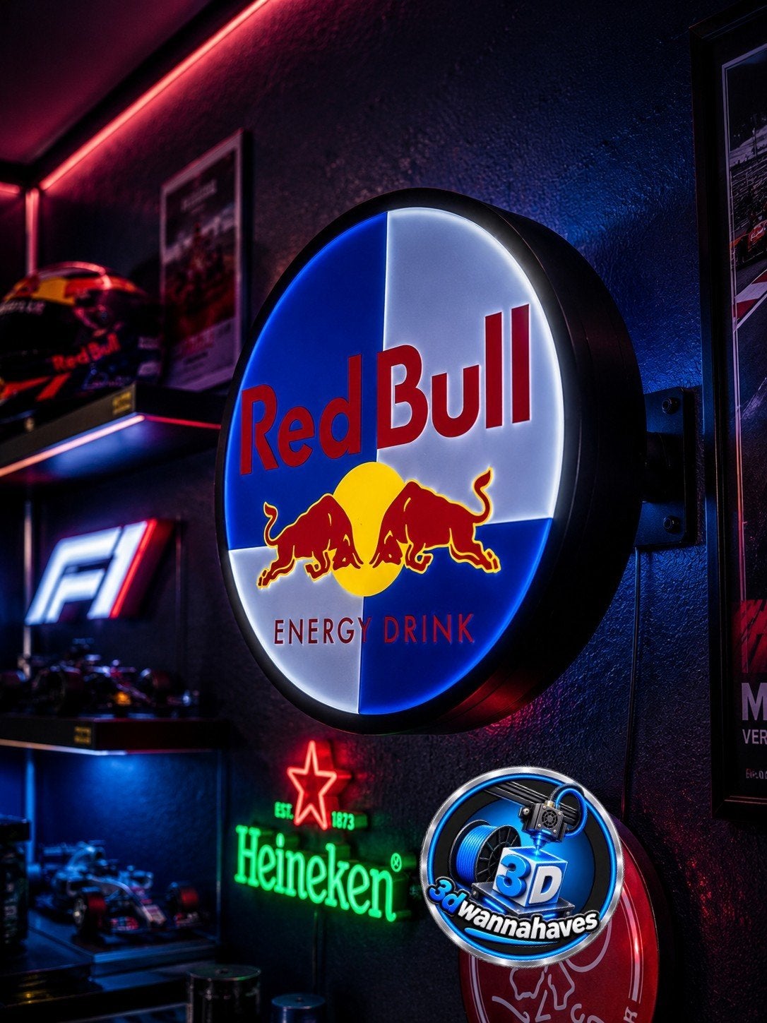 Dubbele Red Bull lichtreclame met beugel en LED-verlichting, Ophalen of Verzenden, Nieuw, Lichtbak of (neon) lamp