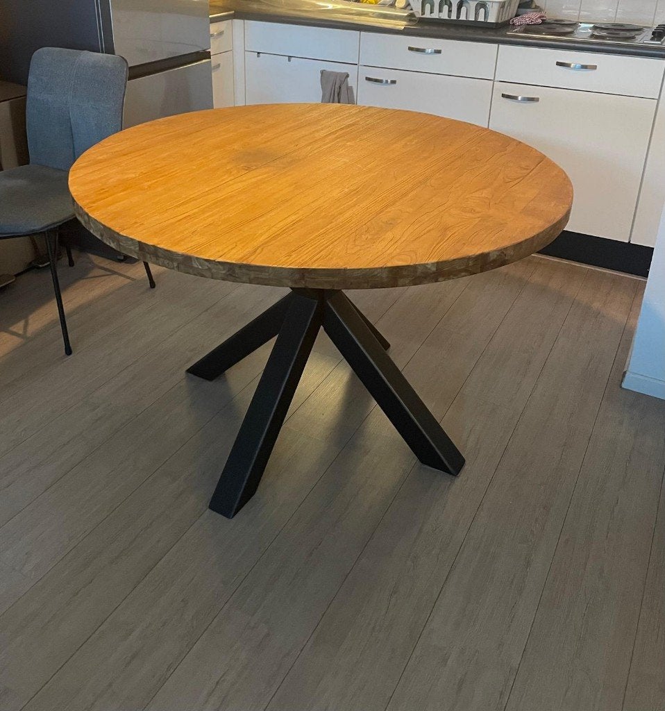 Ronde eettafel Teakmix (industriële tafelpoten) NIEUW 600,-, Huis en Inrichting, Ophalen, Zo goed als nieuw