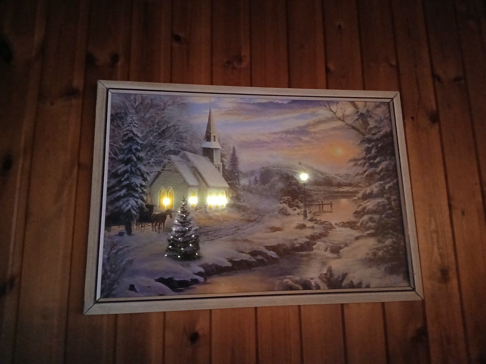 Mooi schilderij met lichtjes wintersplaatje met sneeuw kerst, Ophalen of Verzenden