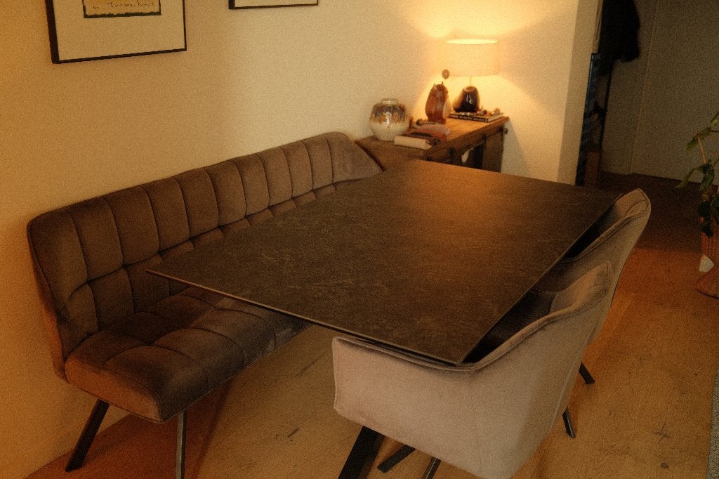 Eethoek: keramische tafel 160x90 + velvet bank + 2 stoelen, Ophalen, Zo goed als nieuw, Modern, industrieel, comfortabel, Minder dan 4 stoelen