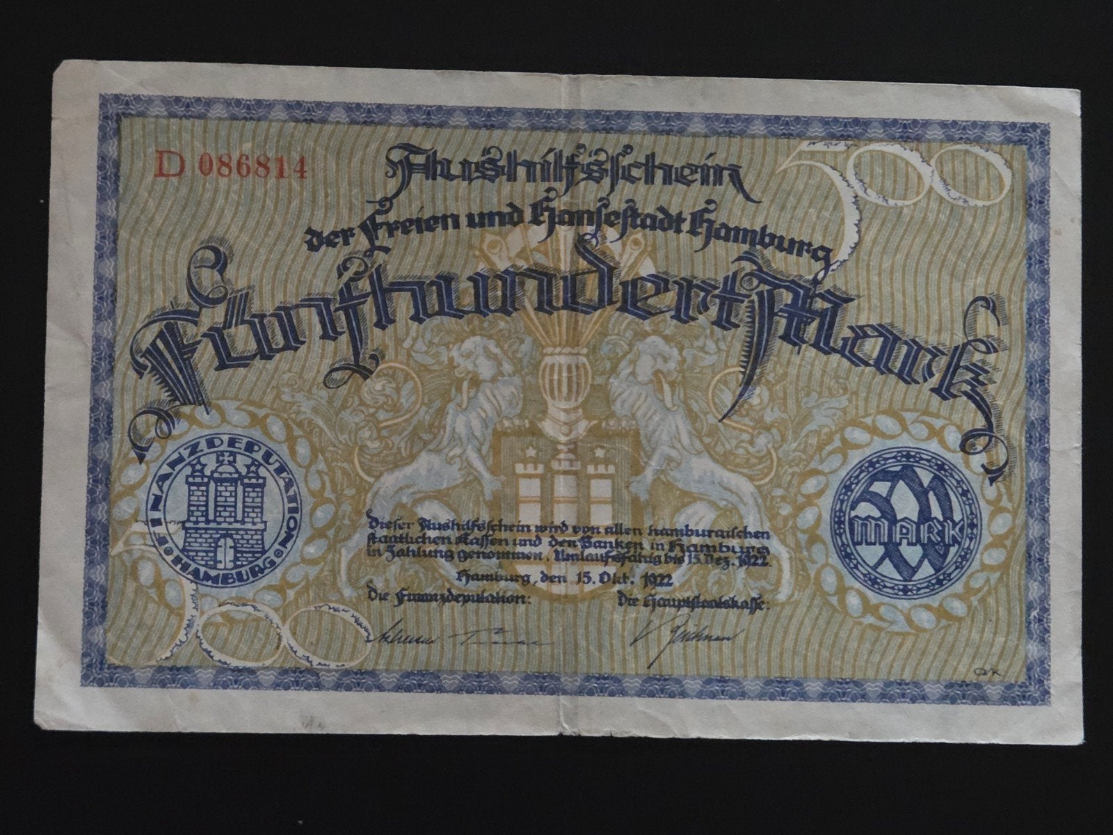 Germany-Hamburg 500 mark 1922 VF, Ophalen of Verzenden, Duitsland