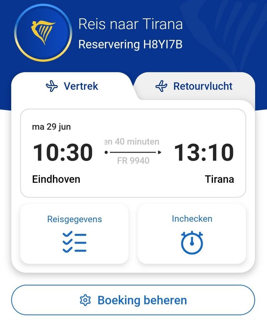 Vliegtickets tirana 29 juni tot 8 juli Retourtje, Eén persoon, Vliegtuig, Buitenland, Met bestemming of datum