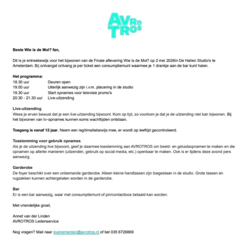 Finale ticket Wie is de Mol?, Eén persoon