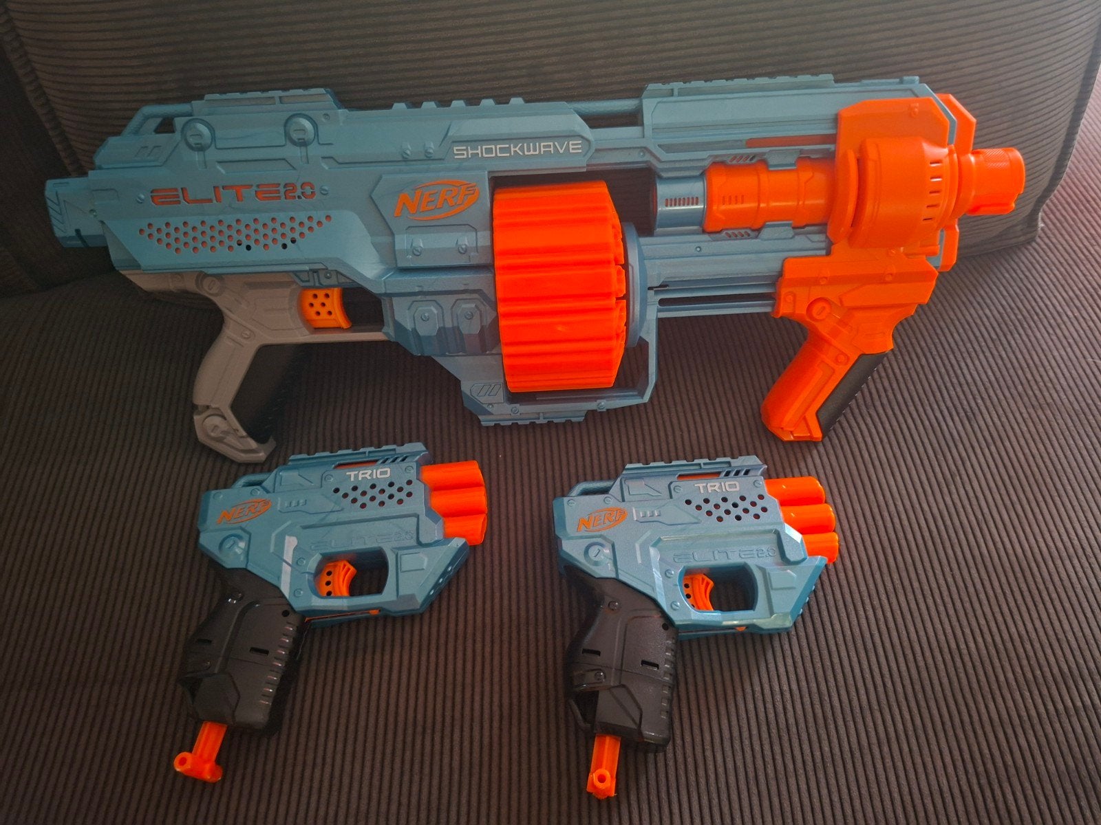 Nerf Elite 2.0 Shockwave RD-15 en 2x Trio SD-3 Blasters, Kinderen en Baby's, Speelgoed | Overig, Ophalen, Zo goed als nieuw, Jongen of Meisje