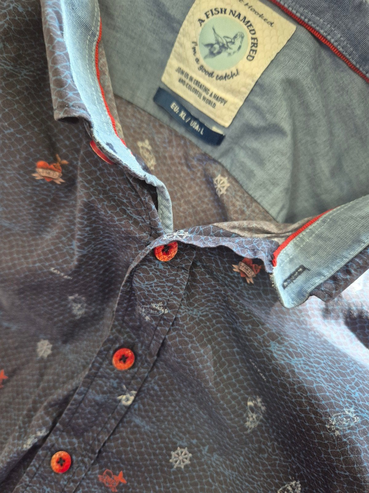 A Fish Named Fred blouse overhemd Schippers prints maat L, ., A Fish Named Fred, Zo goed als nieuw, Halswijdte 41/42 (L)