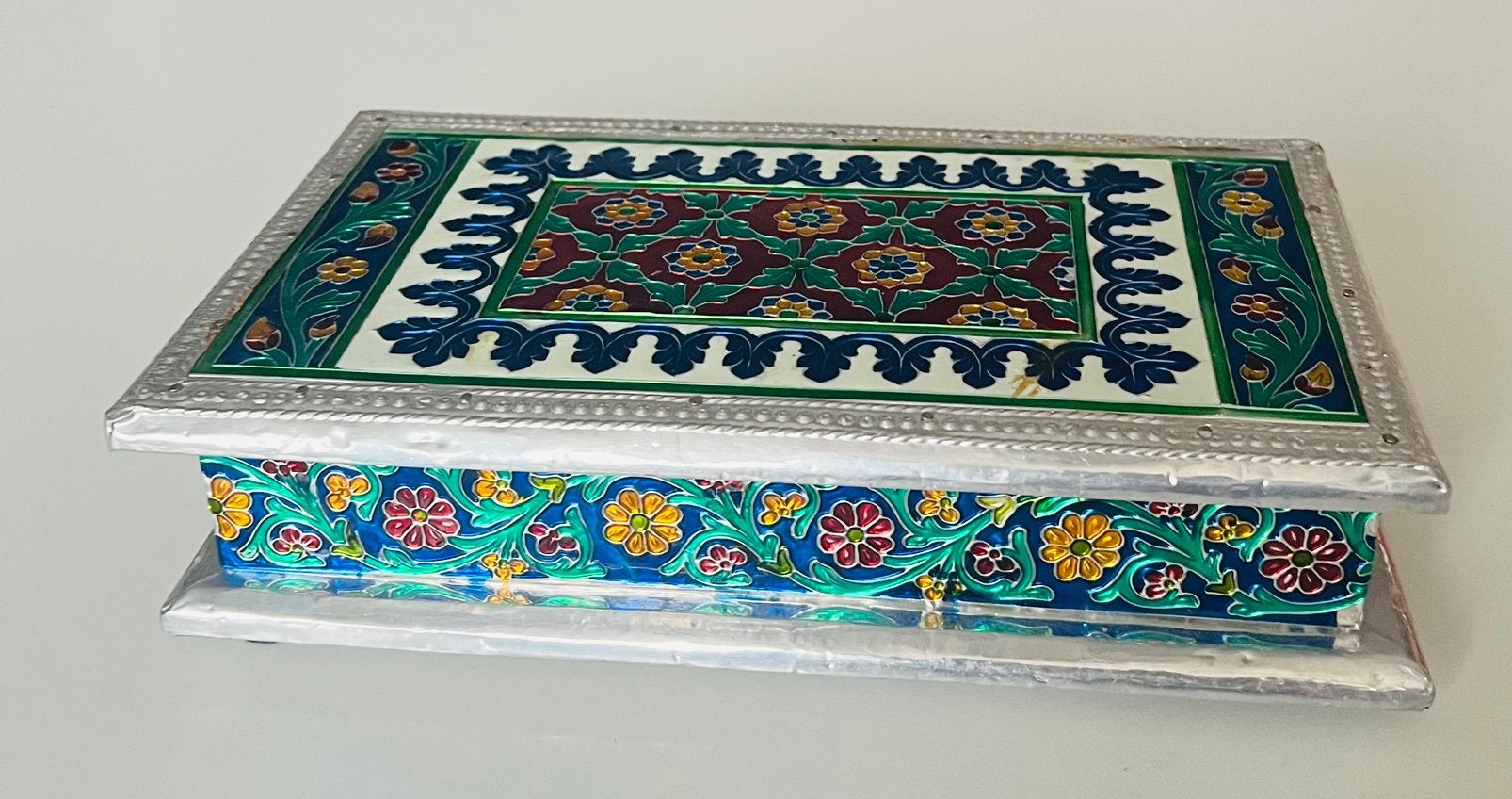 Vintage metalen MEENAKARI zilveren sieradendoos, Ophalen of Verzenden, Zo goed als nieuw