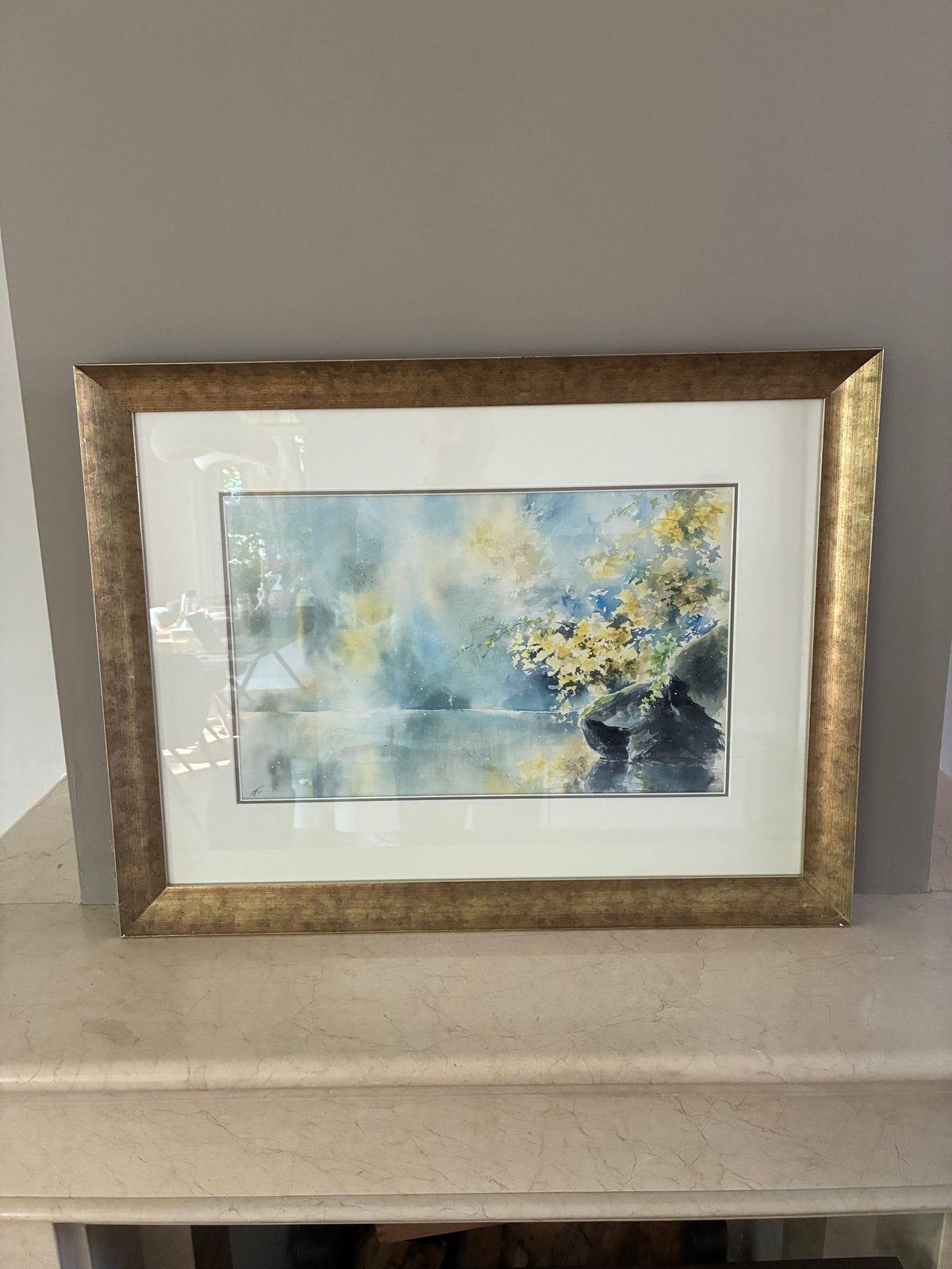 Schilderij: Landschap met bloeiende bomen aan water, Impressionistisch, Ophalen of Verzenden, Landschap, Aquarel