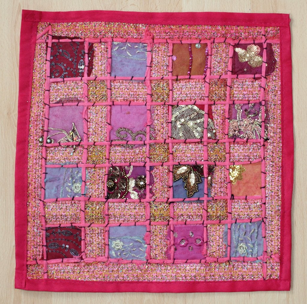Unieke Patchwork Gujarati Bohemian kussensloop pailletten, Antiek en Kunst, Handgemaakt, 40 cm, Textiel, Ophalen of Verzenden