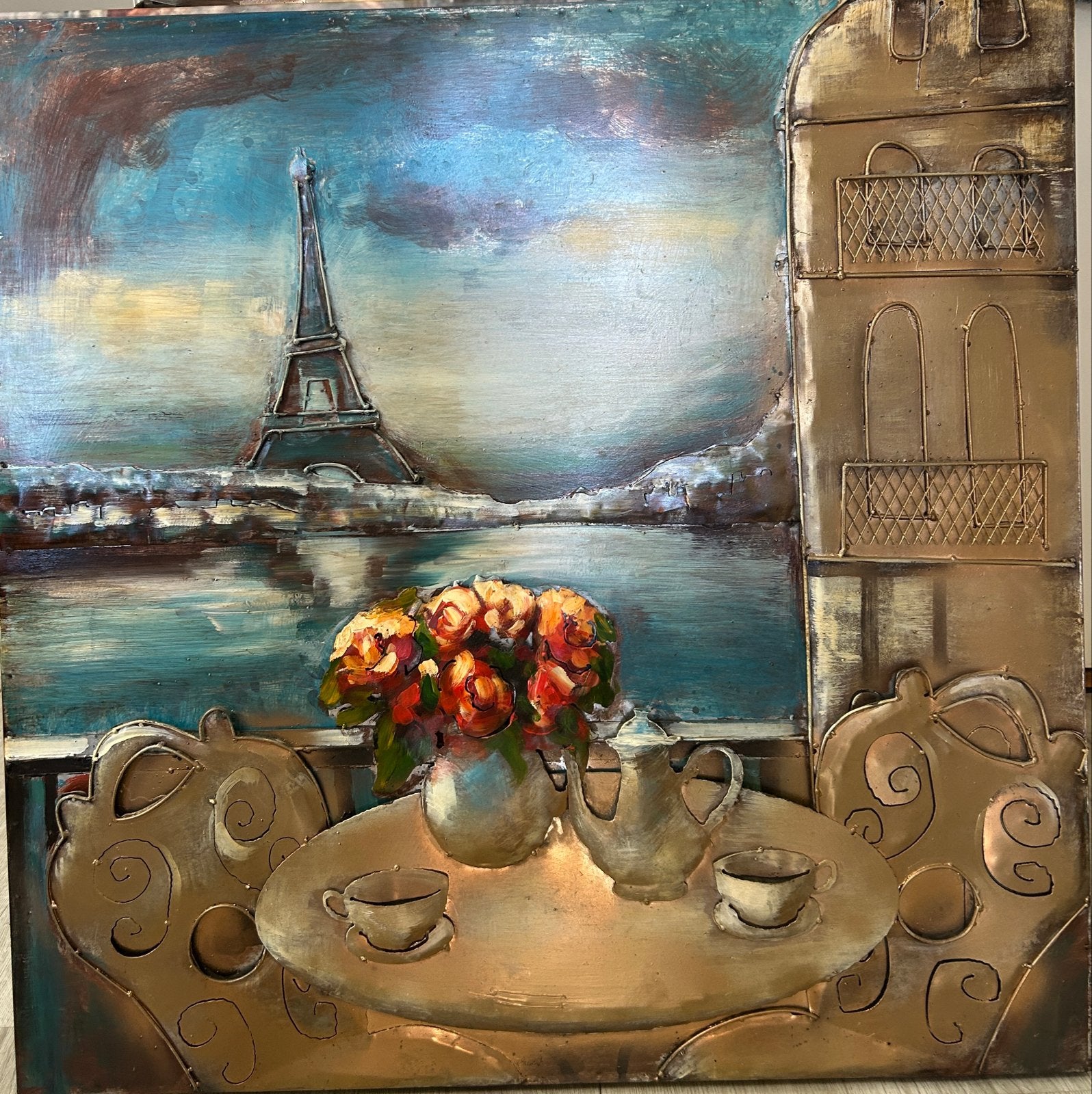 Metalen 3D Schilderij Parijs Eiffeltoren Bloemen, Antiek en Kunst, Kunst | Schilderijen | Modern, Ophalen, Metaal, 3D-effect, Stadsgezicht