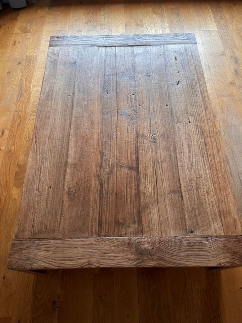 Massief geborsteld teak houten salontafel, Huis en Inrichting, Tafels | Salontafels, Ophalen, 100 tot 150 cm, Teakhout, 50 tot 100 cm