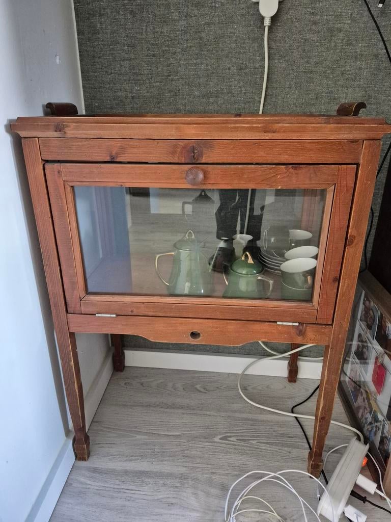 Vintage houten theekastje, glas intact, incl dienblad, Ophalen