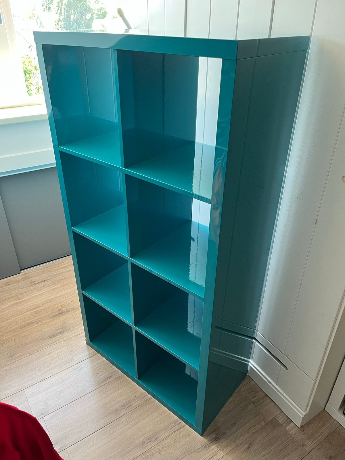 Turquoise Kallax kast met 8 vakken - Zo goed als nieuw, Ophalen, Met plank(en), 100 tot 150 cm, 50 tot 100 cm