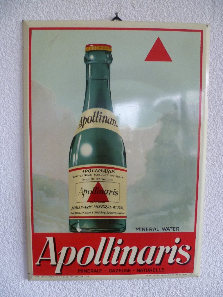 BLIKKEN RECLAMEBORDJE"APOLLINARIS MINERAAL WATER"UIT 1952, Ophalen of Verzenden, Gebruikt, Reclamebord