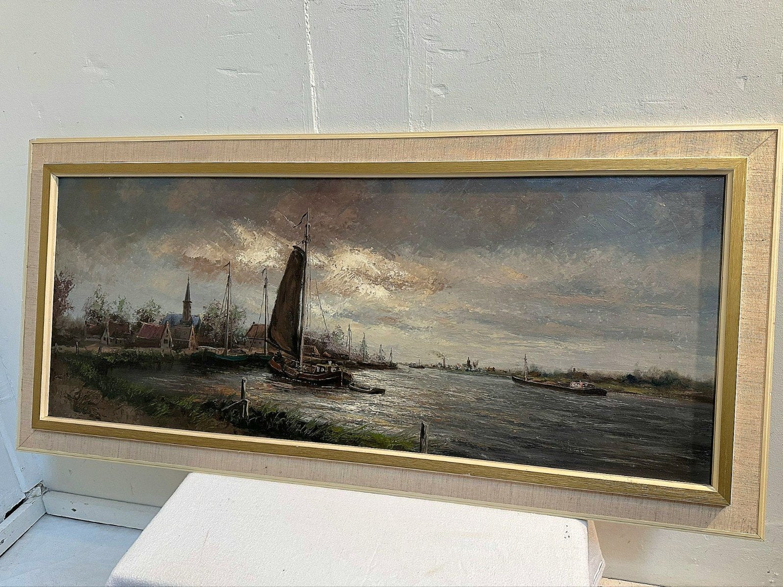 Schilderij zeilschip bij haven kunsthandel Amsterdam, Ophalen
