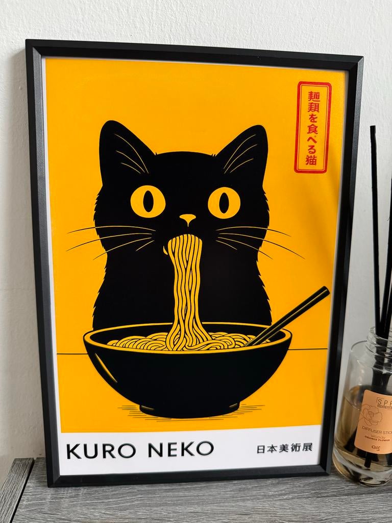 Kuro Neko Ramen Poster Ingelijst - 21x30cm, Ophalen of Verzenden, Nieuw, Foto of Poster