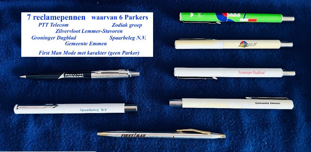 Vintage verzameling reclamepennen (6x Parker + 1x Chroom), Ophalen, Gebruikt, Met reclame, Parker