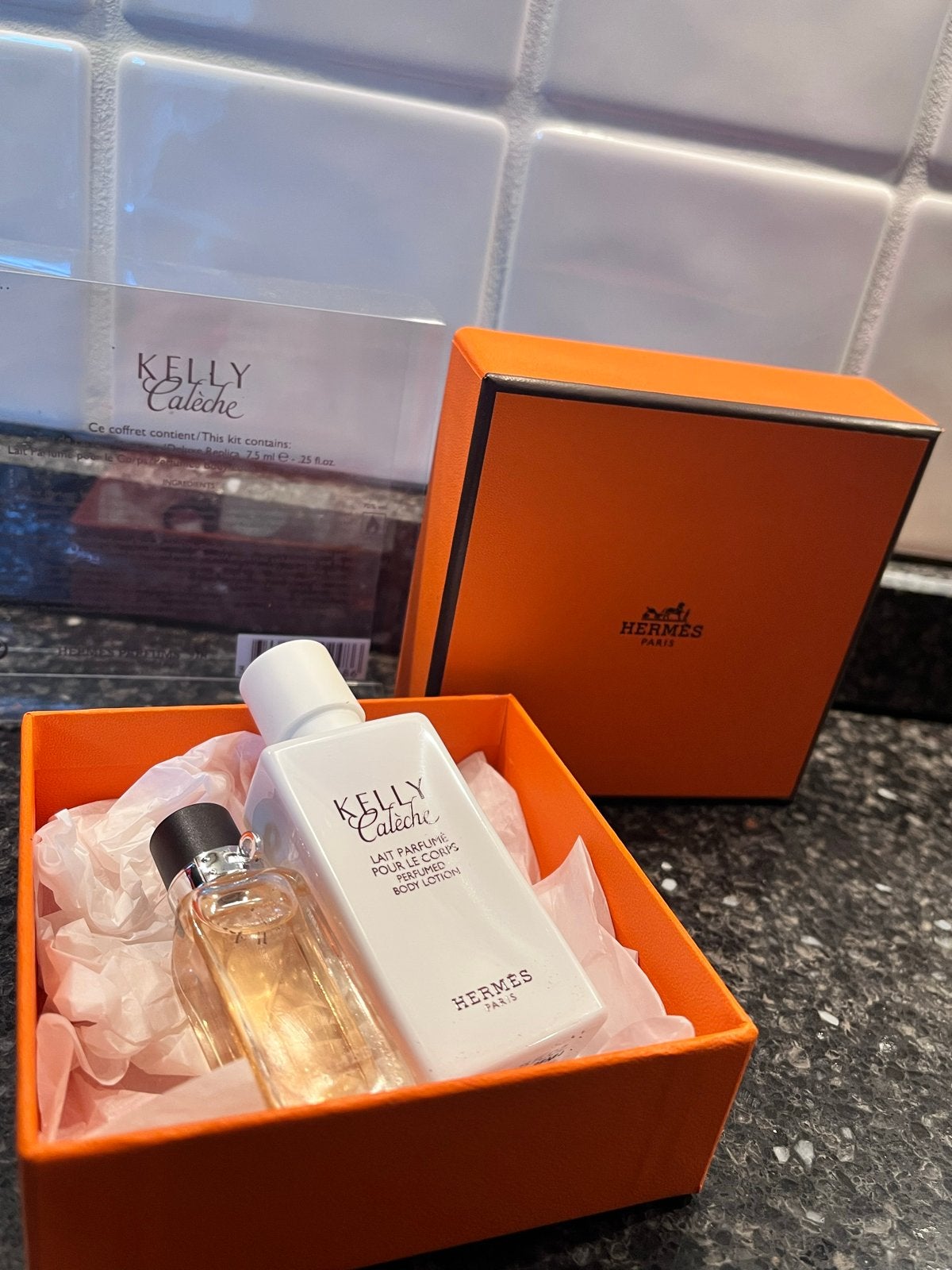 Vintage Hermes Kelly Caleche parfum en bodylotion set, Ophalen of Verzenden, Gebruikt