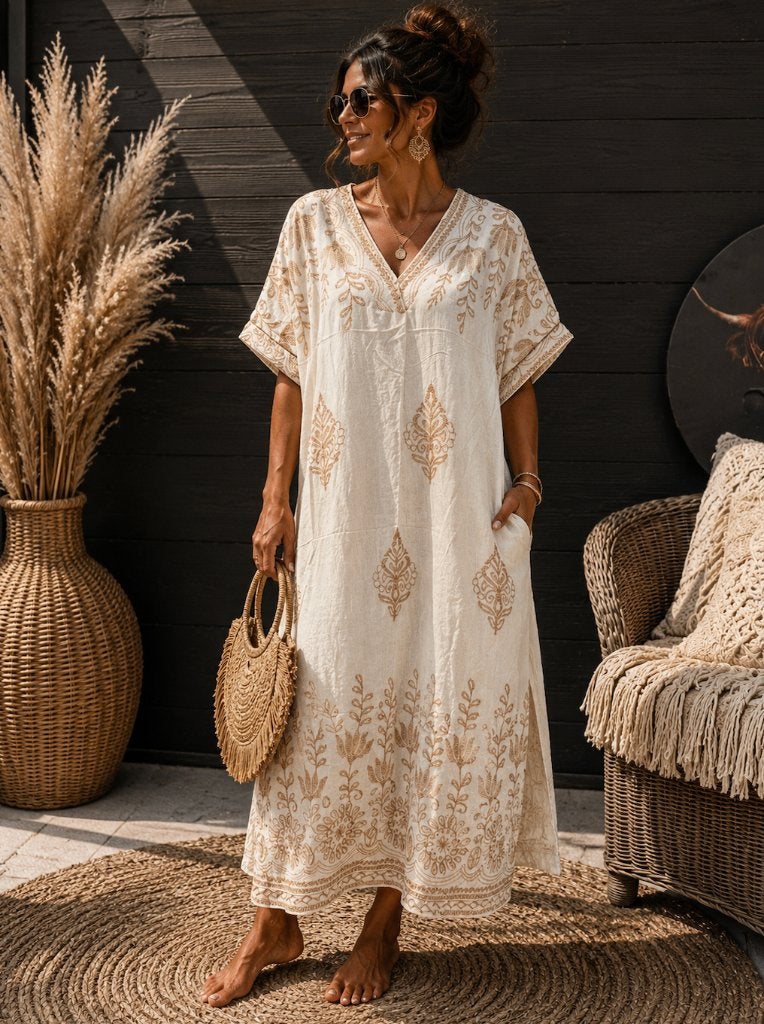 Linnenlook ecru Maxi Jurk, Beige, Maat 42/44 (L), Nieuw, Ophalen of Verzenden