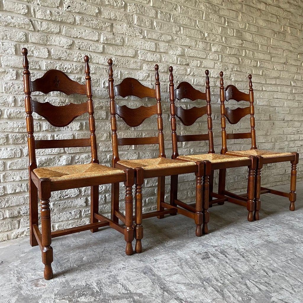 4 Franse "razor" blade vintage eetkamer stoelen, Ophalen, Bruin, Vintage, Hout