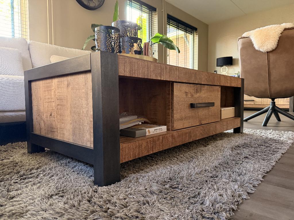 Salontafel mangohout/industrieel, Ophalen, 100 tot 150 cm, Industrieel, mangohout, Nieuw