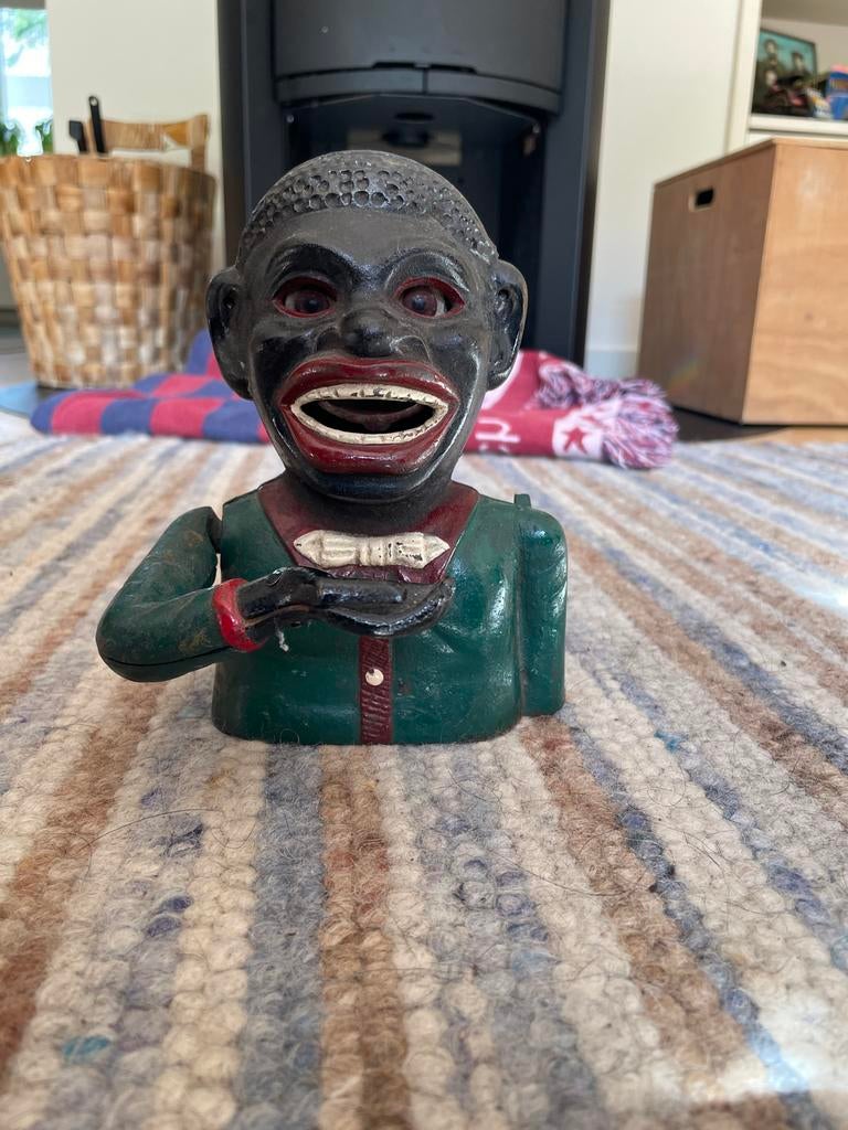 AI : Antieke spaarpot 'Jolly Nigger Bank' - Gietijzer, Verzamelen, Spaarpotten, Ophalen of Verzenden, Gebruikt, Metaal of Blik