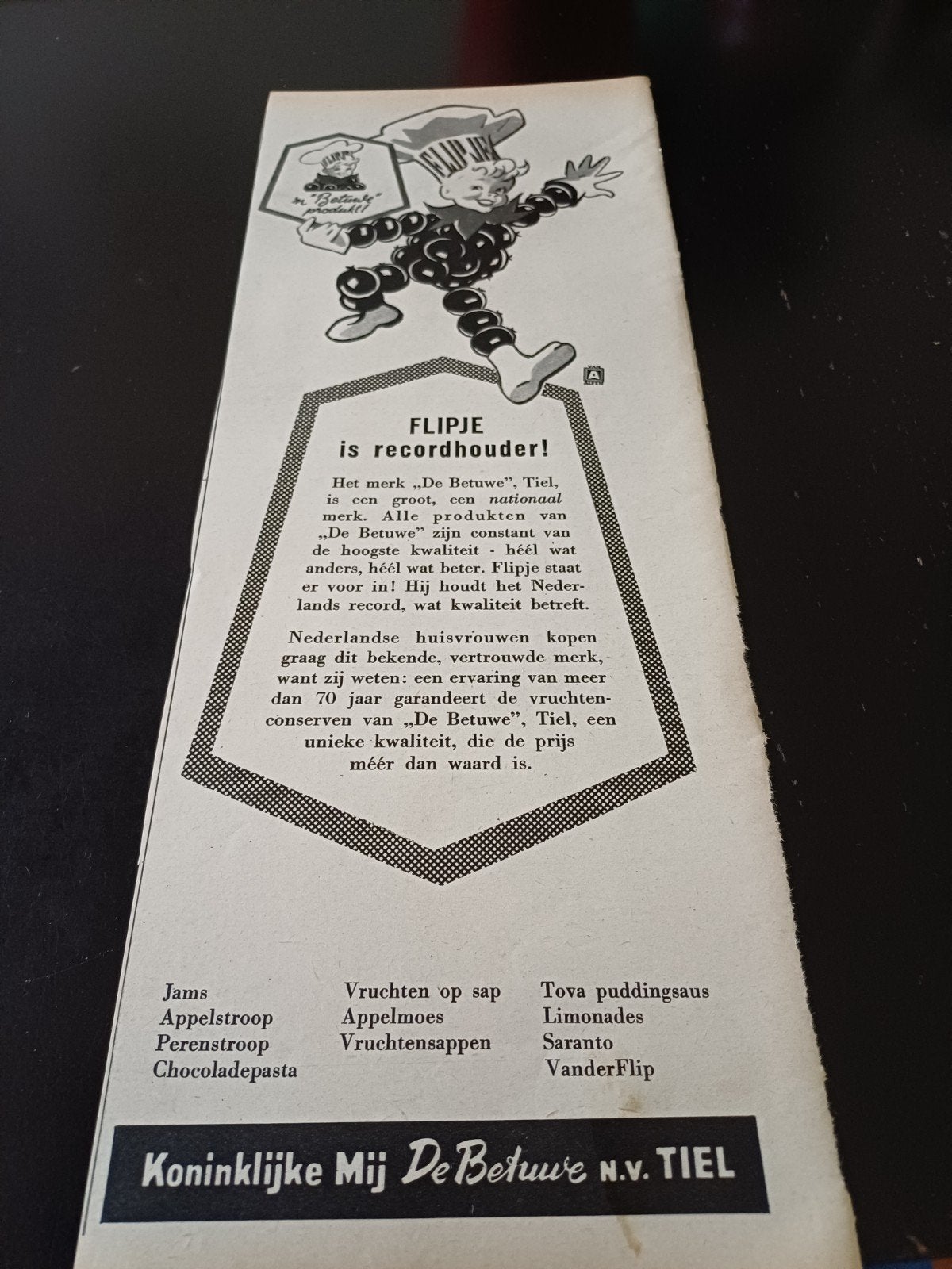 advertentie mij. de Betuwe Tiel Flipje recordhouder 1957, Ophalen of Verzenden, Zo goed als nieuw, Overige typen