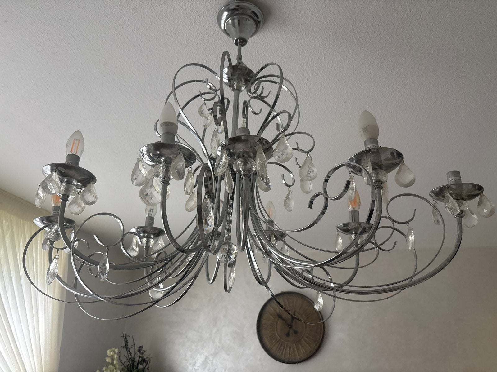 Moderne kroonluchter met kristallen, Ophalen, Gebruikt, Metaal, E14 (klein)