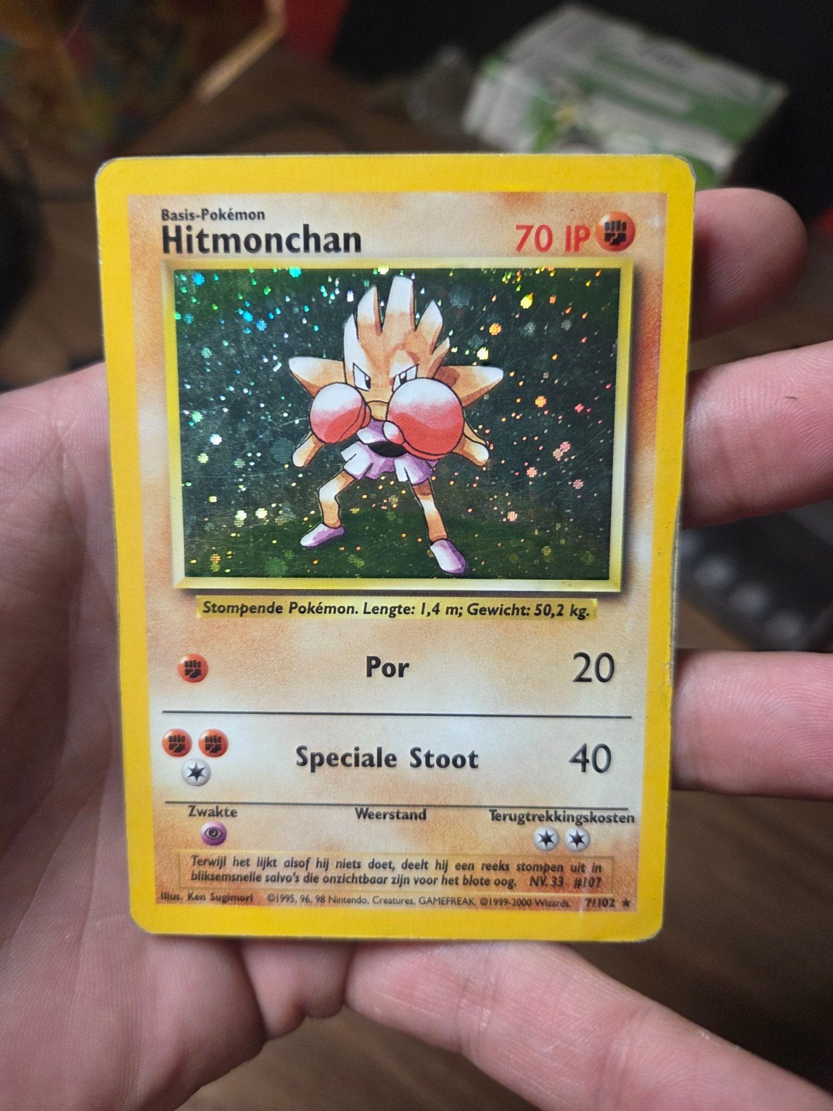 Hitmonchan Holo NL 7/102 Base Set 1999 Wotc, Ophalen of Verzenden, Zo goed als nieuw, Losse kaart, Foil