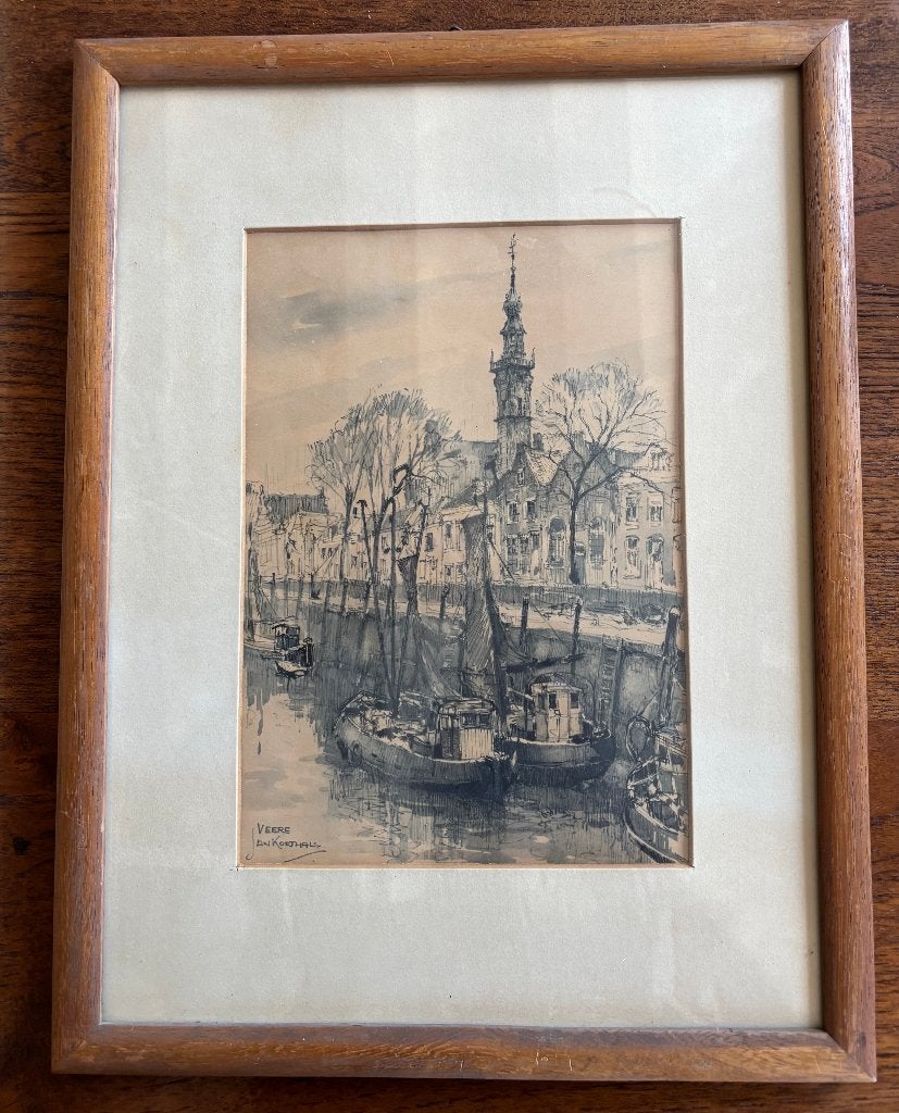 Tekening gemengde druktechgniek Jan Korthals Veere, Antiek en Kunst, Kunst | Tekeningen en Foto's, Ophalen of Verzenden, Tekening