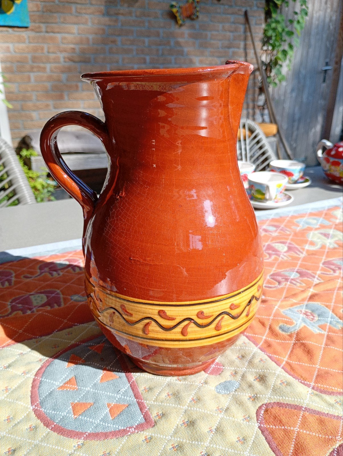 Vintage spaanse Aardewerken Kan met Handgeschilderd Decor, Ophalen of Verzenden
