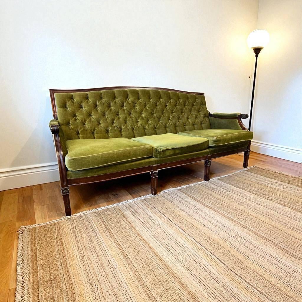 Vintage mosgroene zetel / chesterfield / canapé, Antiek en Kunst, Ophalen