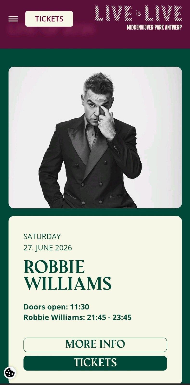 2 tickets voor Live is Live Festifal- Robbie Williams, Tickets en Kaartjes, Twee personen, Juni