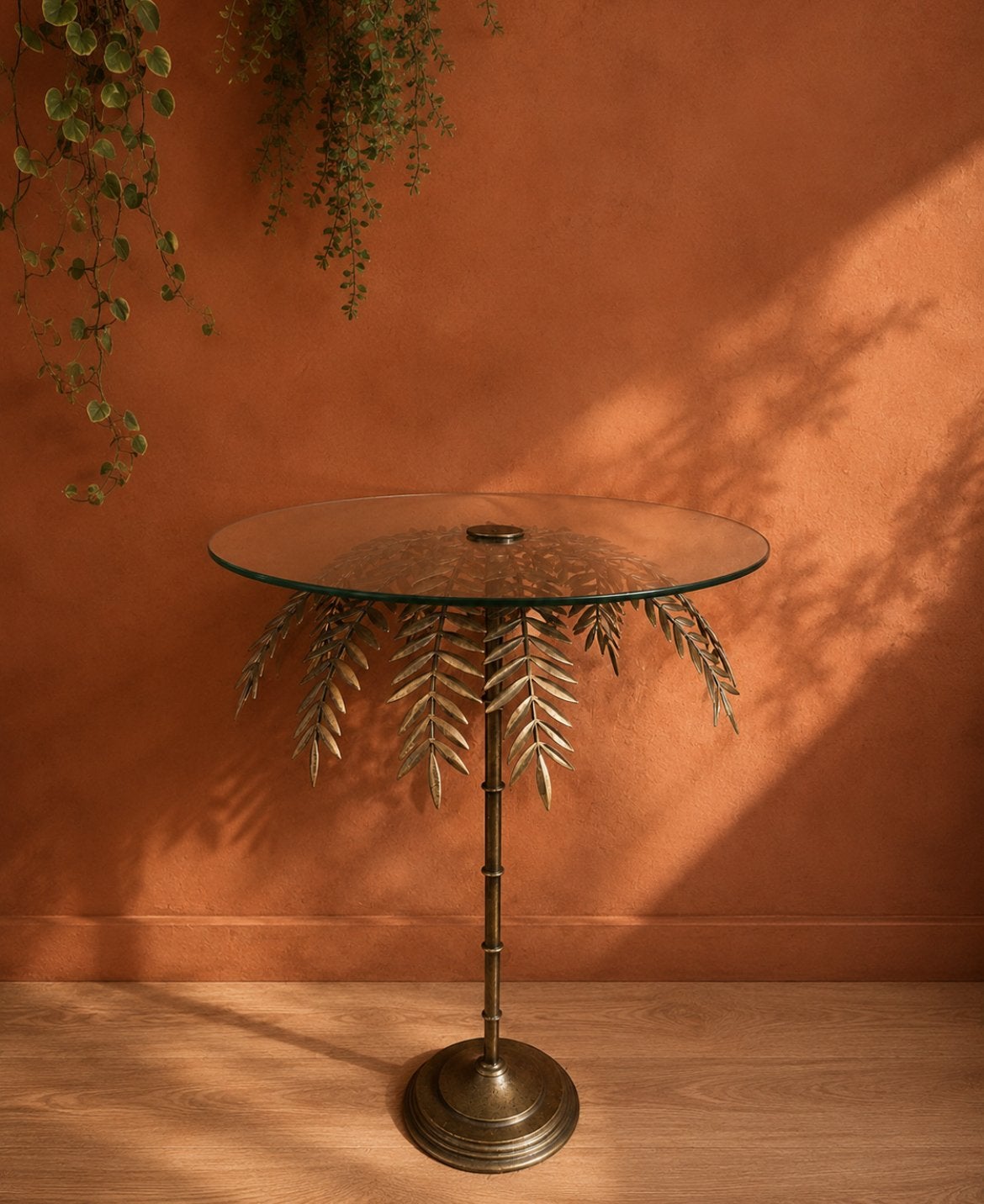 Elegant Glazen Bijzettafeltje met Bladmotief, Ophalen, Minder dan 55 cm, Gebruikt, Rond