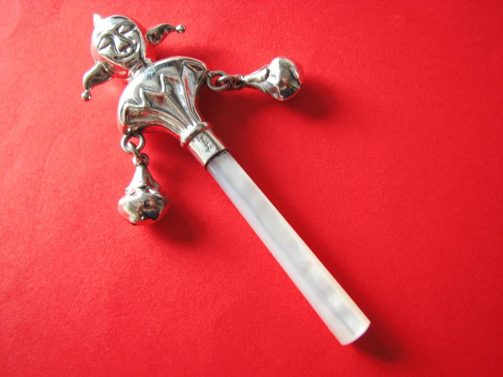 Mooie Zilveren Rammelaar - Hofnar met 2 Belletjes, Verzenden, Zilver