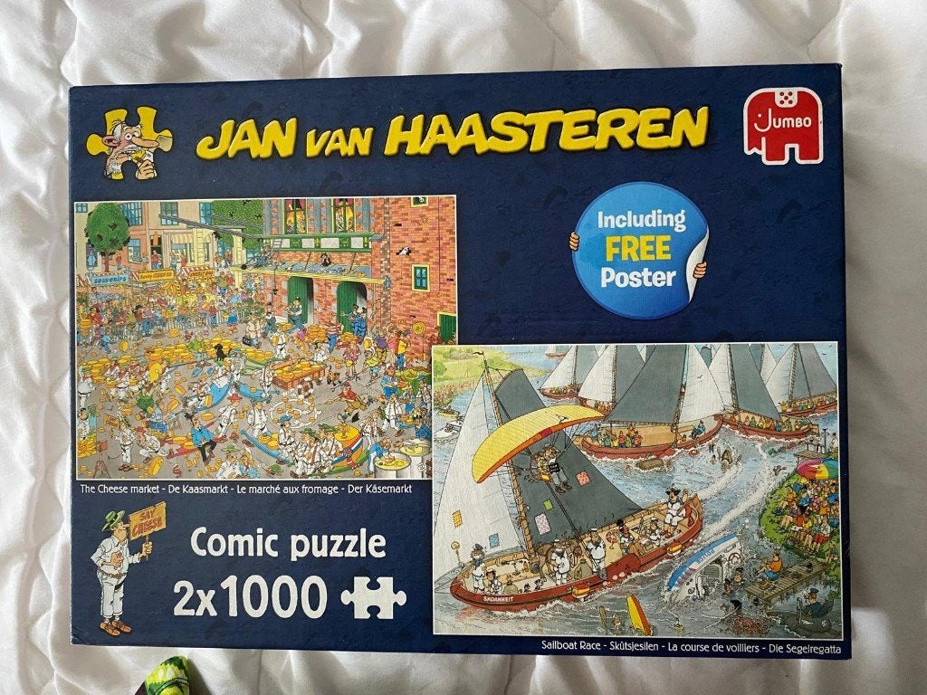 Jan van Haasteren puzzles - Skûtsjesilen en De Kaasmarkt, Ophalen of Verzenden, 500 t/m 1500 stukjes, Gebruikt, Legpuzzel