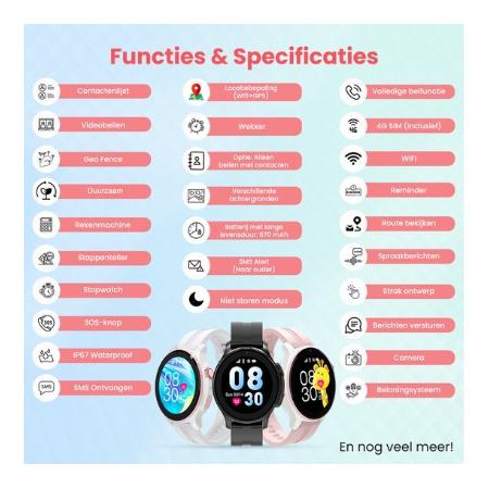 VUBIO 4G Kinder Smartwatch L1 - GPS - Videobellen - Roze, Meisje, JDM eBusiness, Nieuw, Info@koopjeshaven.nl
