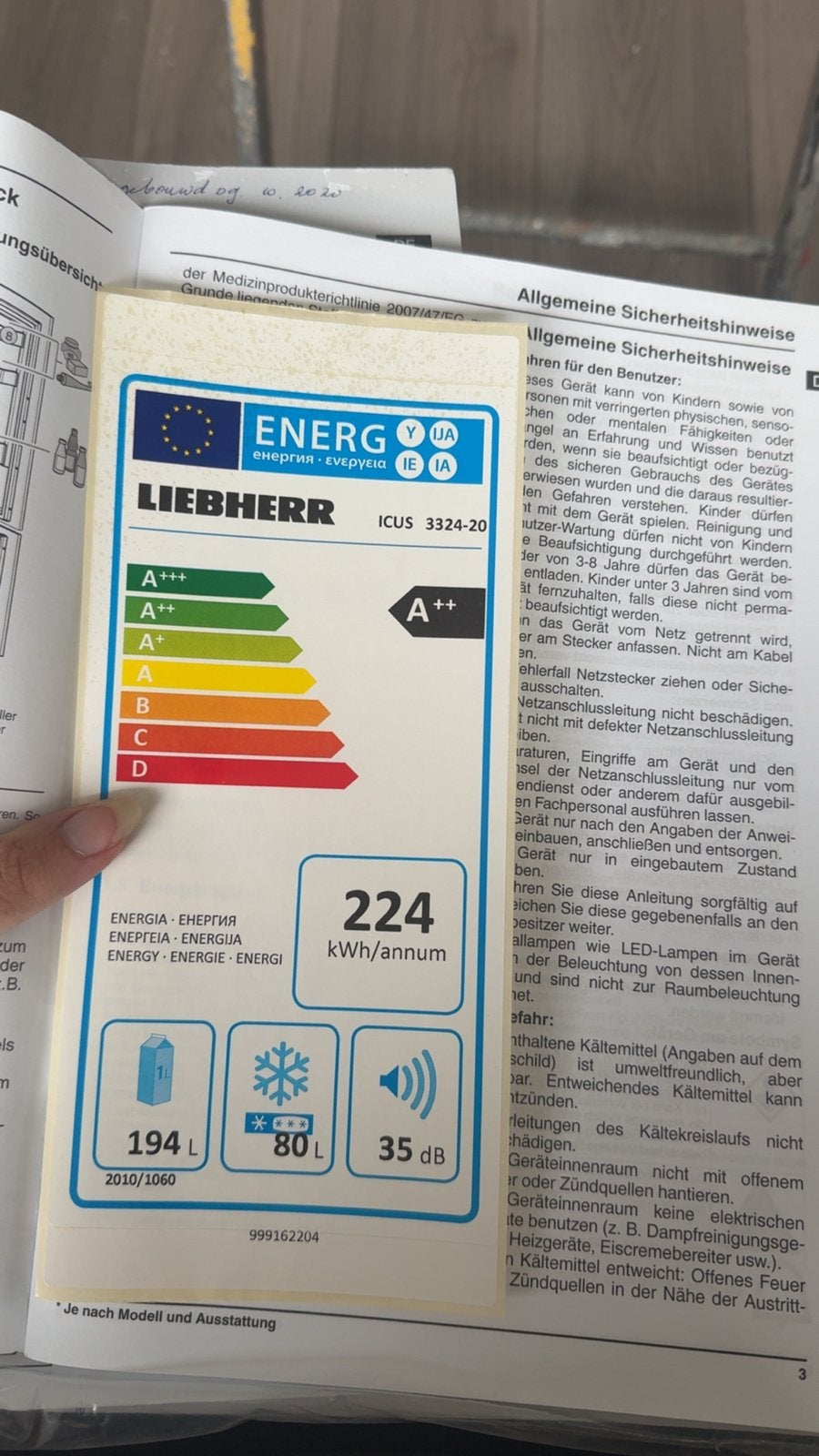 Liebherr inbouw koel-vriescombinatie A++ (ICUS 3324-20), Ophalen, 200 liter of meer, 60 cm of meer, Met aparte vriezer