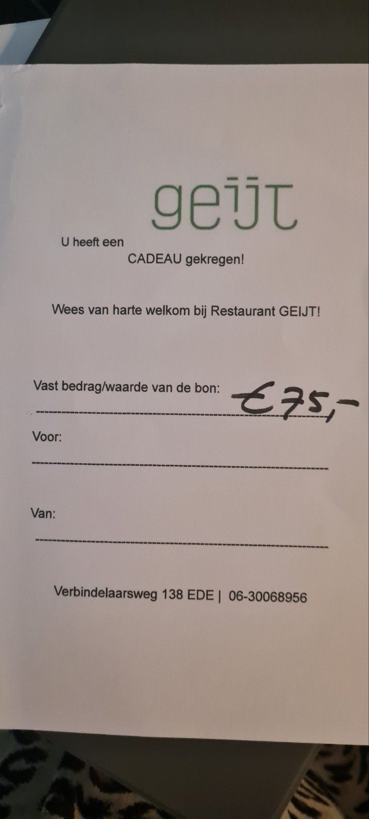 Cadeaubon restaurant Geijt. T.w.v. 75 euro., Eén persoon, Cadeaubon