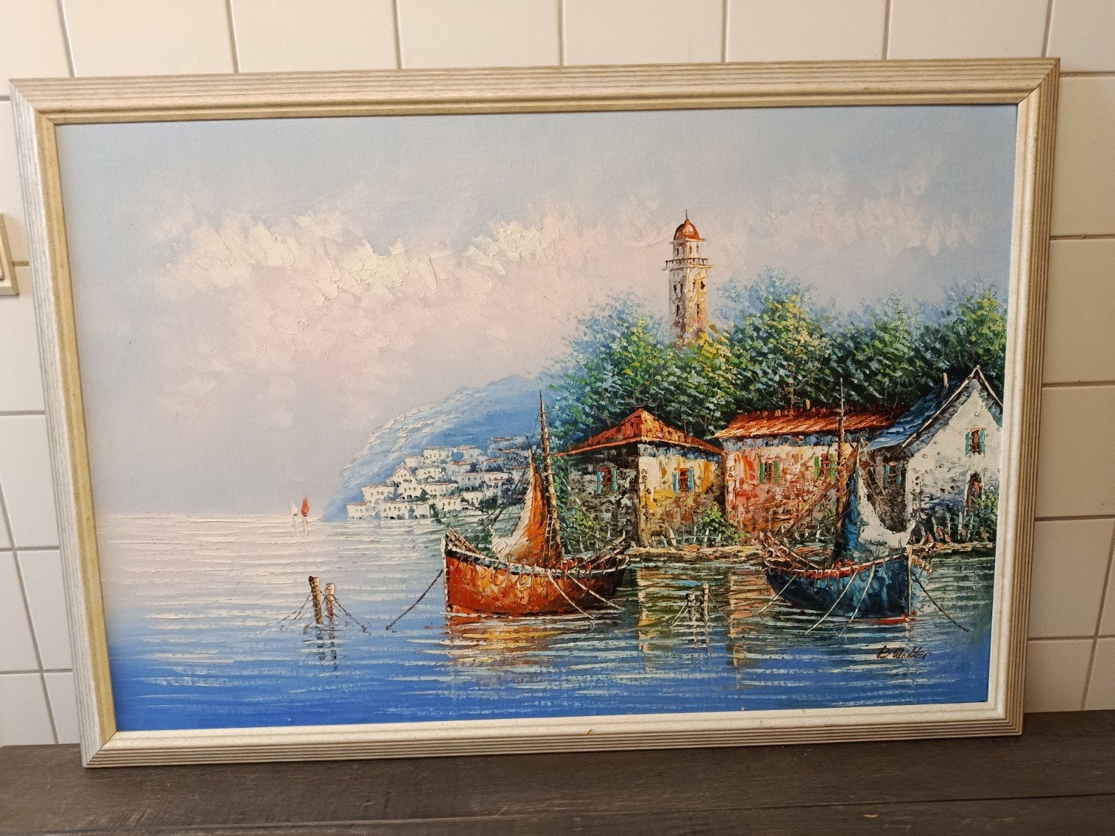 Schilderij olieverf - Maritiem dorpsgezicht met vuurtoren, Antiek en Kunst, Ophalen