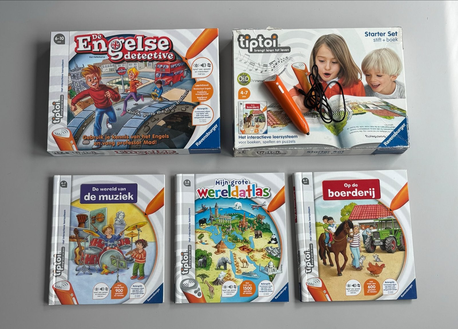 Tiptoi Starter Set + 4 boeken: Engels, Muziek, Wereldatlas,, Ophalen of Verzenden, Zo goed als nieuw, Taal en Lezen