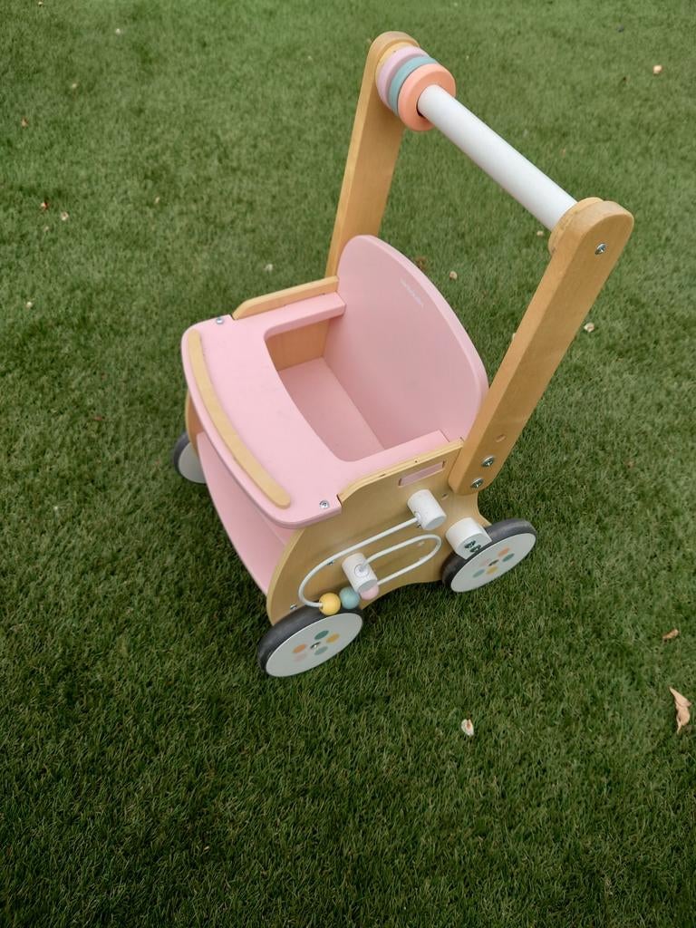 Houten poppen duwkar met blokjes, flesje en bordje, Ophalen, Zo goed als nieuw, Overige typen