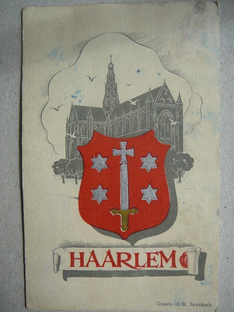 Haarlem.  Wapen en Groote of St. Bavokerk, Ophalen of Verzenden, 1920 tot 1940, Gelopen, Noord-Holland