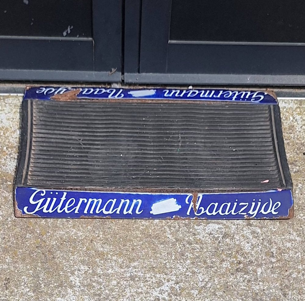 Zeldzame antieke Gütermann deurmat met emaille reclame., Ophalen of Verzenden