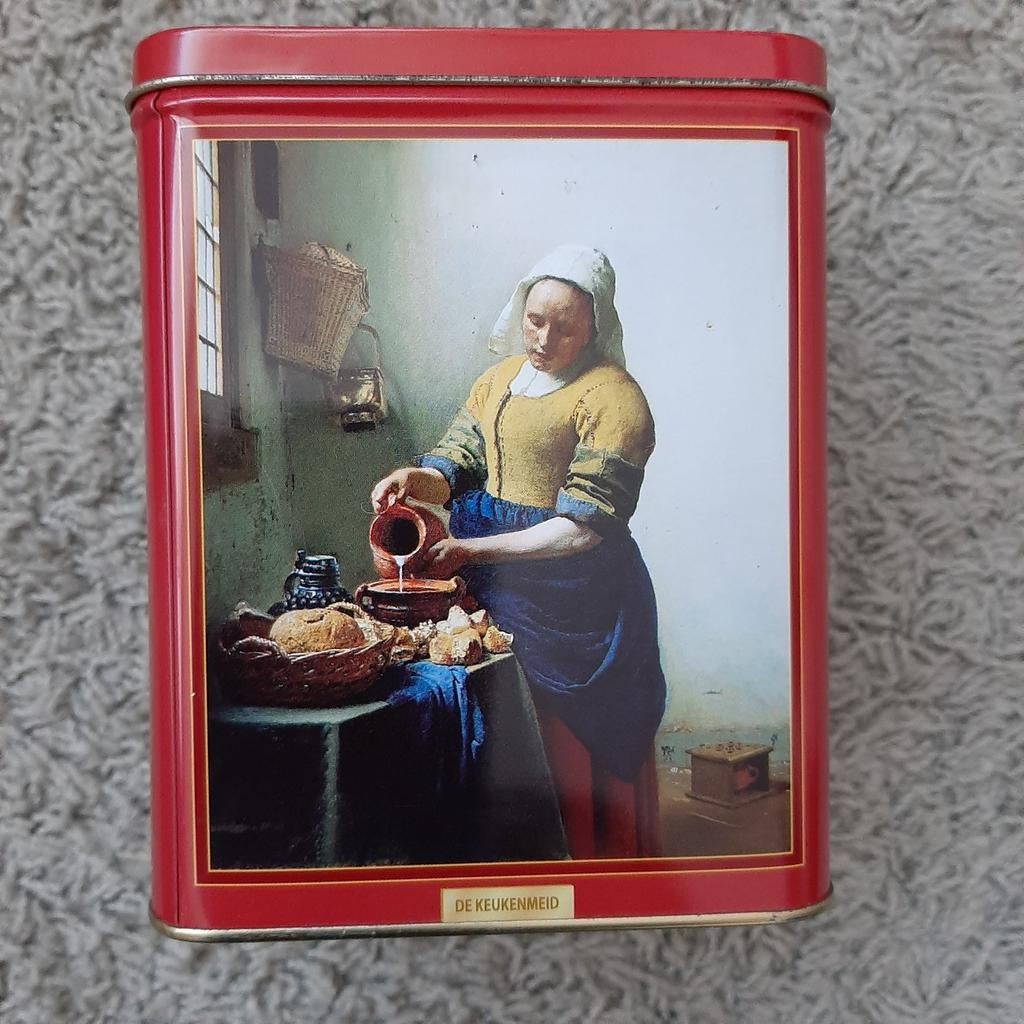 Blikken trommel met schilderijen van Vermeer, Verzamelen, Blikken, Ophalen of Verzenden, Gebruikt, Overige, Overige merken