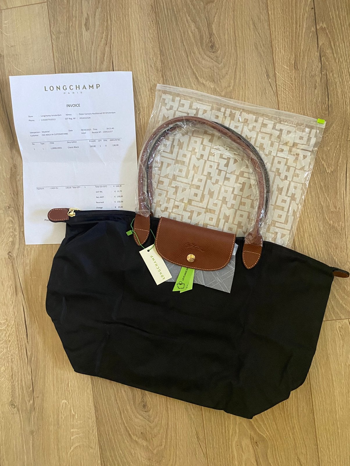 Nieuwe Longchamp Le Pliage L Zwart met factuur, Ophalen of Verzenden, Nieuw, Zwart, Schoudertasje