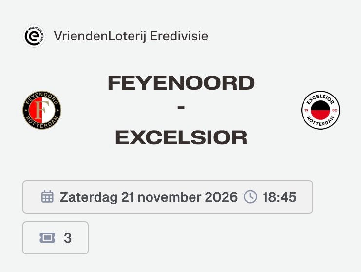 TE KOOP | 3x | tickets | kaarten | Feyenoord - Excelsior, Losse kaart, Drie personen of meer, November